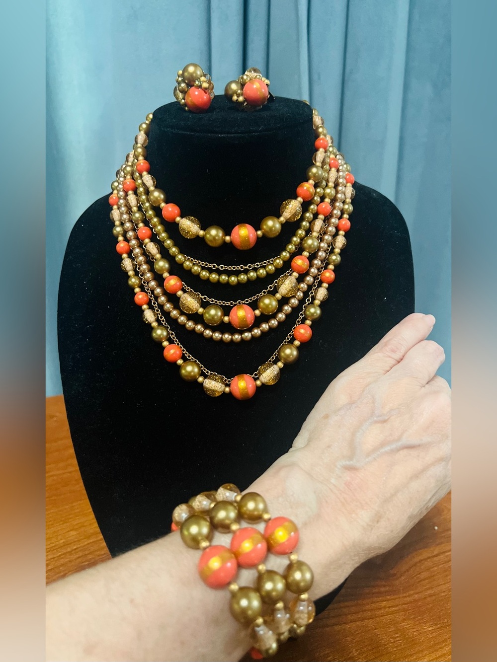 Vintage Gold and Coral Multi-Strand Necklace Set